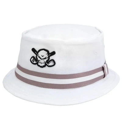 Angled front view of the white Tattoo Golf Premium Bucket golf hat with a skull-and-crossed-clubs patch and striped band.