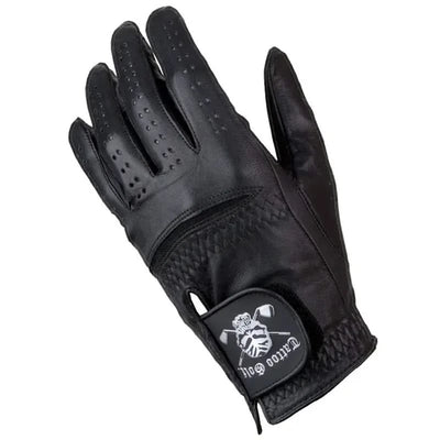 Black Cabretta Leather Men's Golf Glove featuring premium black leather and Tattoo Golf's iconic skull design.