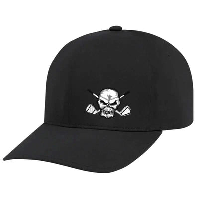 A black golf hat with a white logo of a skull and crossbones on the front.