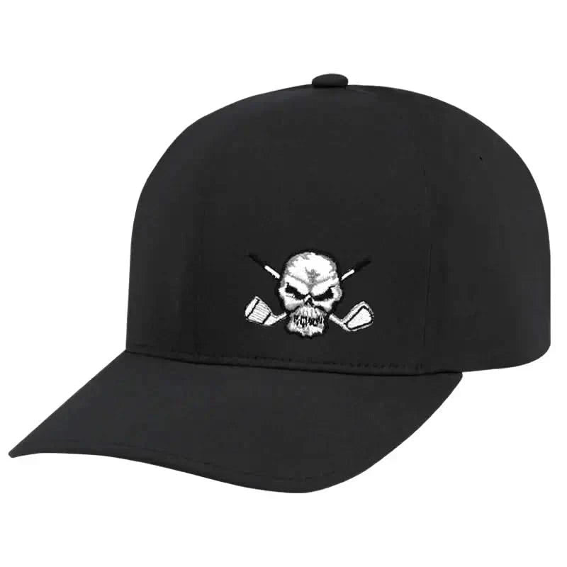 A black golf hat with a white logo of a skull and crossbones on the front.