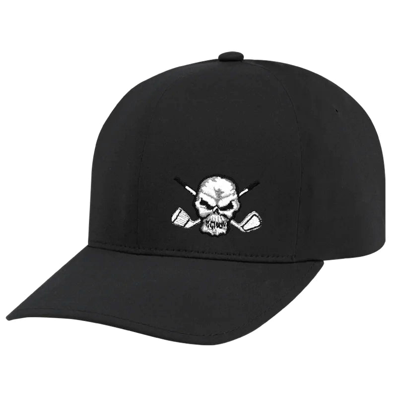 A black golf hat with a white logo of a skull and crossbones on the front.