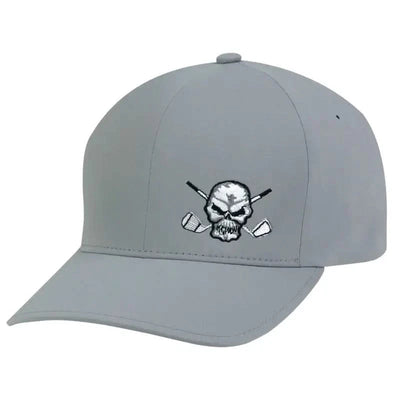 Tattoo Golf Delta Hybrid Tech golf hat in grey, with a structured front and skull-and-crossed-clubs emblem.