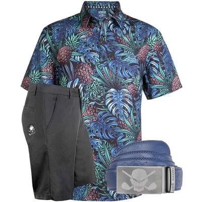 A set of men's golf attire featuring a green floral-patterned shirt with a skull logo, paired with black golf shorts, and a blue leather ratchet belt with a buckle.