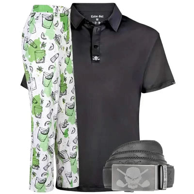 Black polo shirt, green and white patterned pants, and black belt 