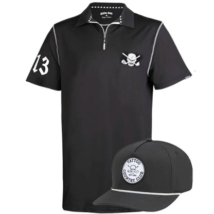 Black lucky 13 polo shirt with skull design and cap 