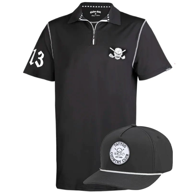 Black lucky 13 polo shirt with skull design and cap 