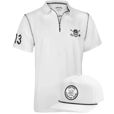 white golf shirt with zipper and white adjustable golf hat