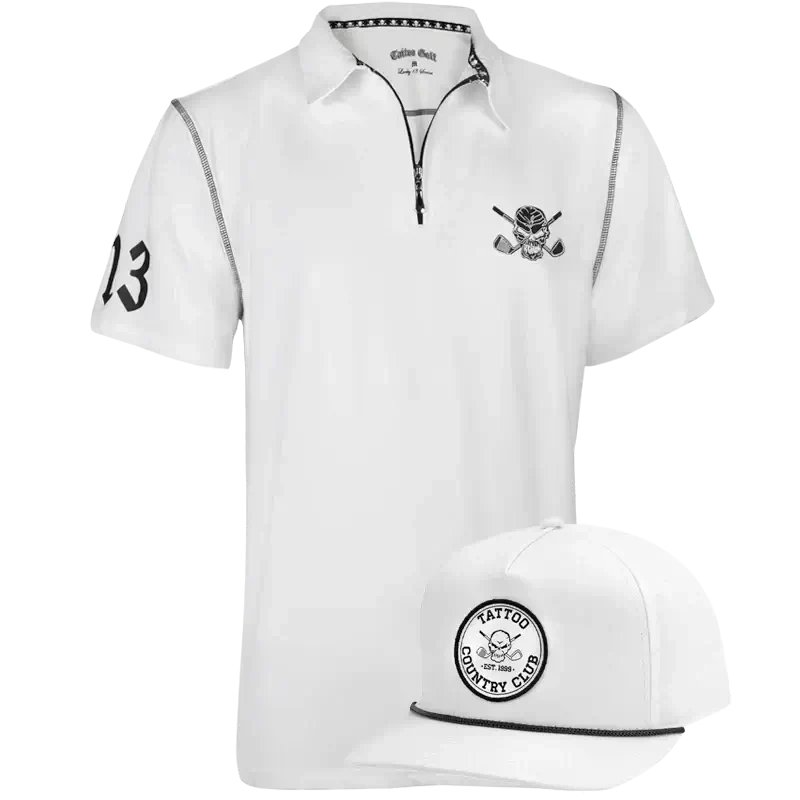 white golf shirt with zipper and white adjustable golf hat