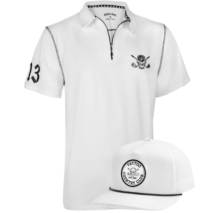 white golf shirt with zipper and white adjustable golf hat