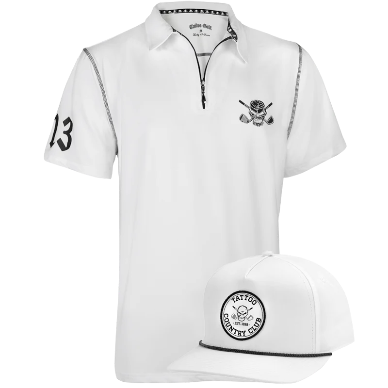 white golf shirt with zipper and white adjustable golf hat