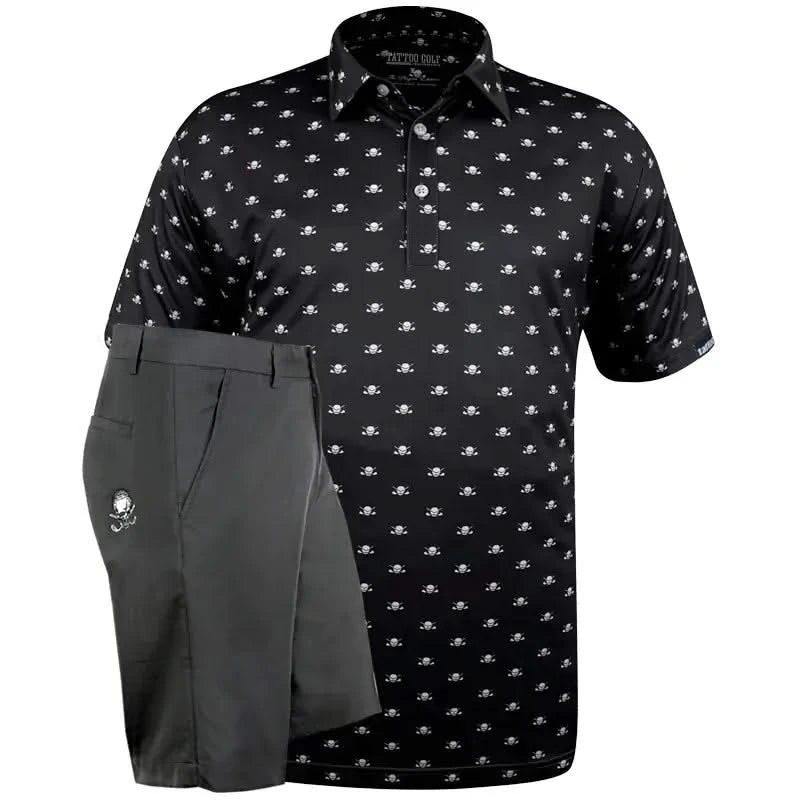 Black skull patterned shirt and gray golf shorts 