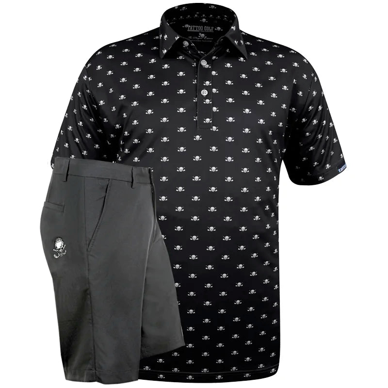 Black skull patterned shirt and gray golf shorts 