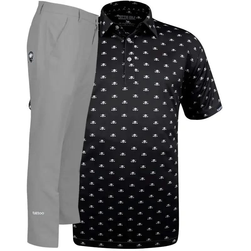 Black patterned shirt with mini skull design and gray golf pants