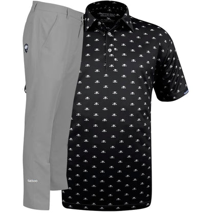 Black patterned shirt with mini skull design and gray golf pants