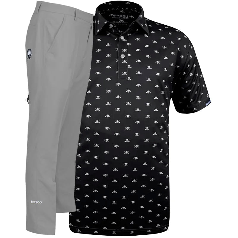 Black patterned shirt with mini skull design and gray golf pants