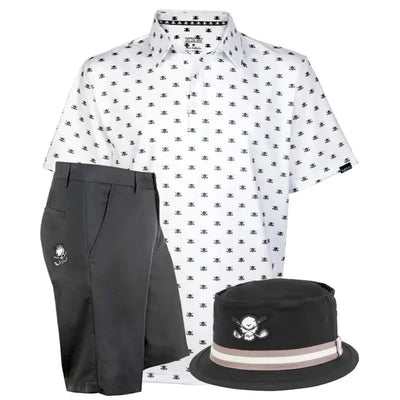 White golf shirt with black skull pattern, black shorts, and black bucket hat with skull design 
