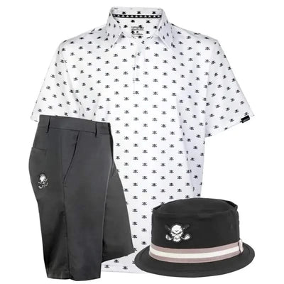 White golf shirt with black skull pattern, black shorts, and black bucket hat with skull design 