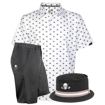 White golf shirt with black skull pattern, black shorts, and black bucket hat with skull design 