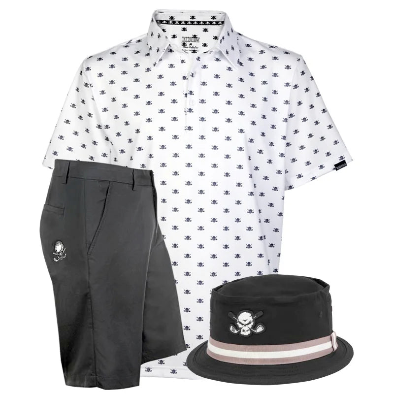 White golf shirt with black skull pattern, black shorts, and black bucket hat with skull design 