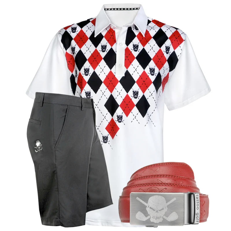 Golf outfit with argyle shirt, black pants, red belt, and skull buckle