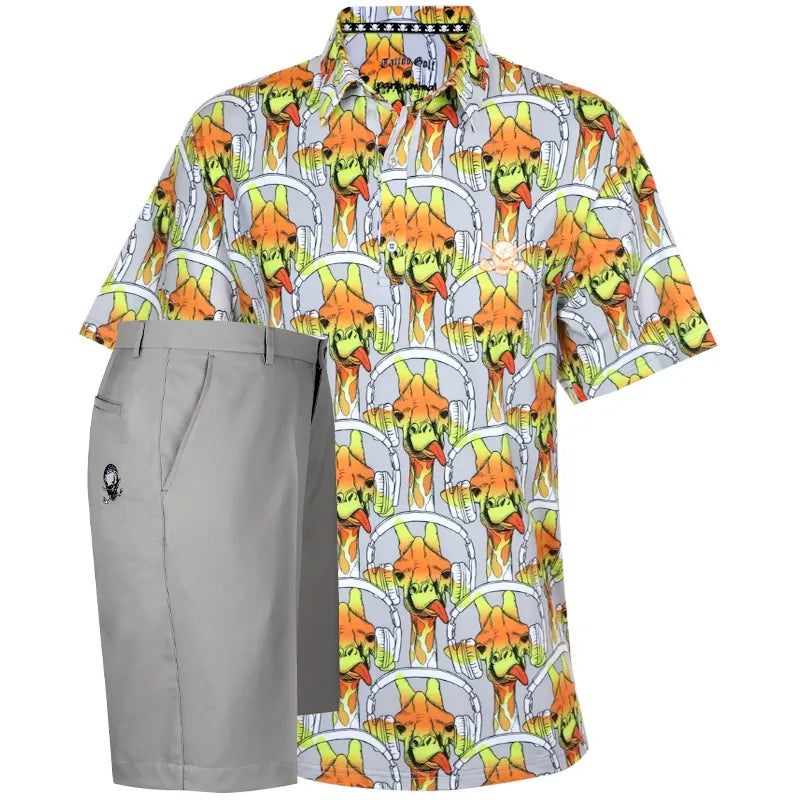 Colorful patterned golf shirt with gray shorts 