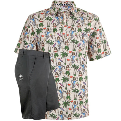 A men's polo shirt with a hula girl pattern in sand and black colors, accompanied by matching golf shorts with a skull design on the waistband.