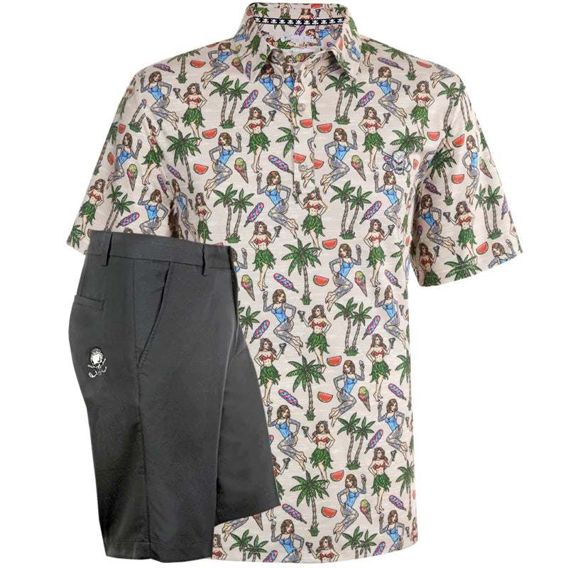 A men's polo shirt with a hula girl pattern in sand and black colors, accompanied by matching golf shorts with a skull design on the waistband.