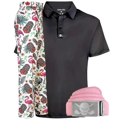 Black polo shirt, floral shorts, and pink belt with skull design 