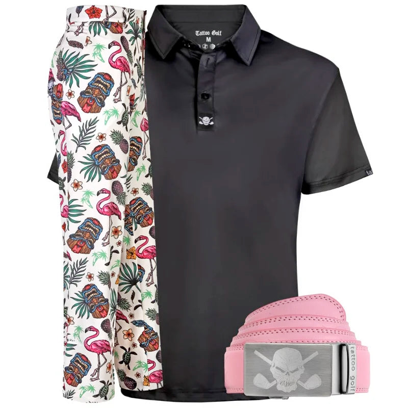 Black polo shirt, floral shorts, and pink belt with skull design 