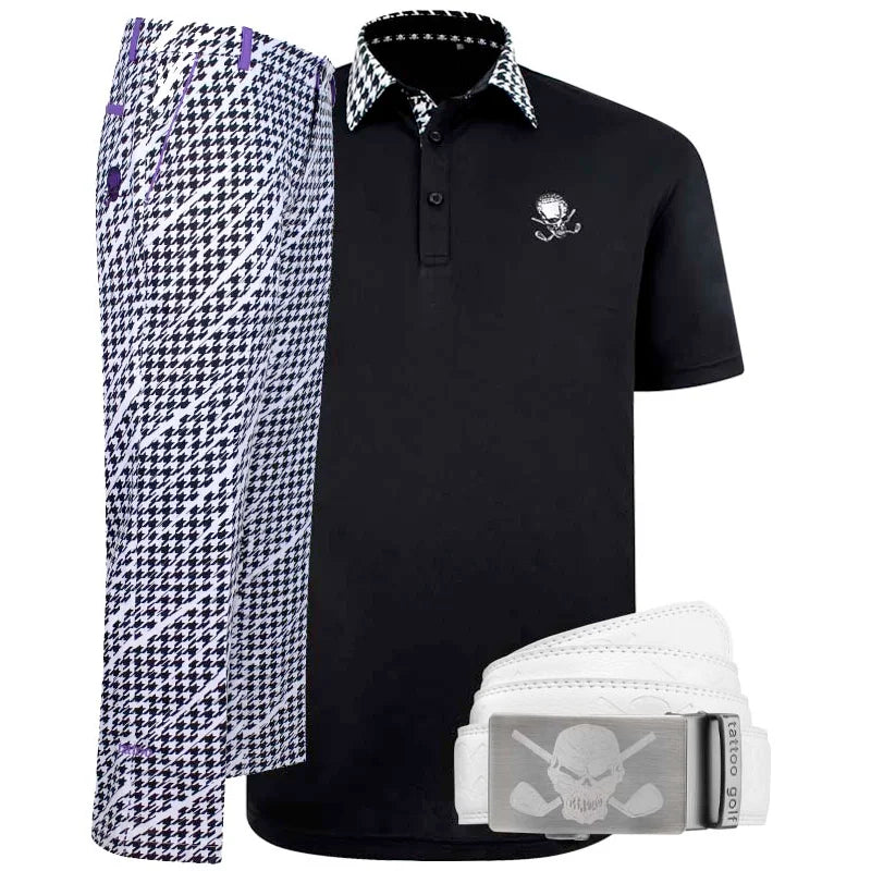 Black polo shirt with skull design, houndstooth pants, and white belt with skull design