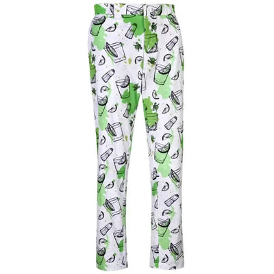 Men's golf pants with a green cocktail-themed design, featuring embroidered skulls and crossing clubs 