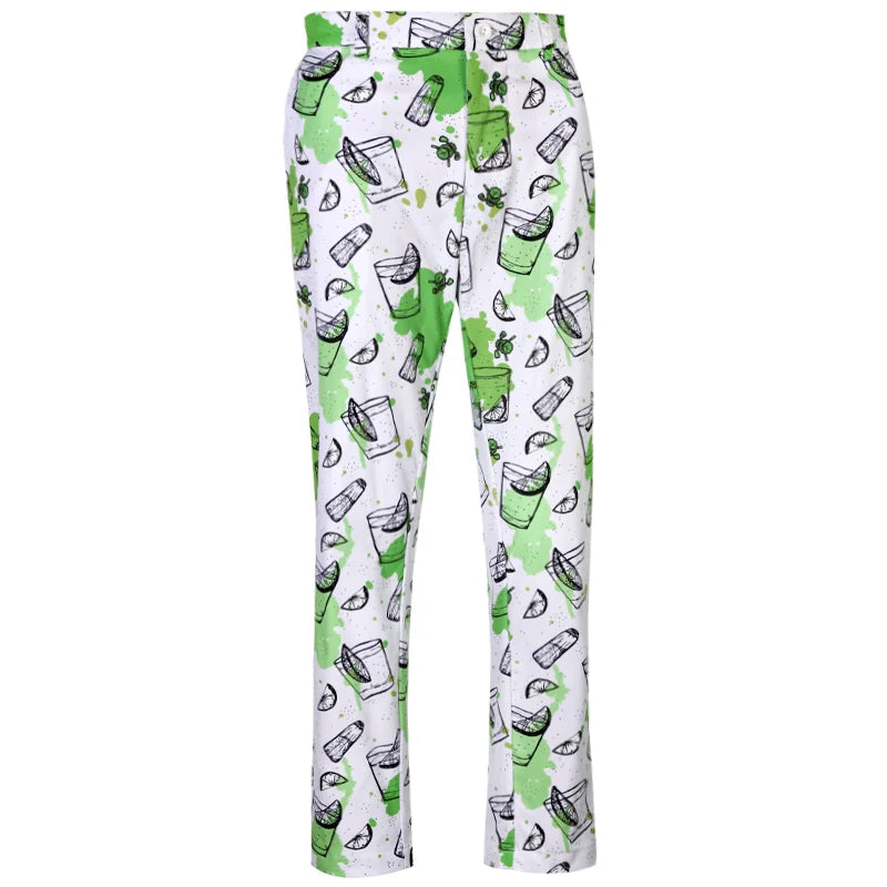Men's golf pants with a green cocktail-themed design, featuring embroidered skulls and crossing clubs 