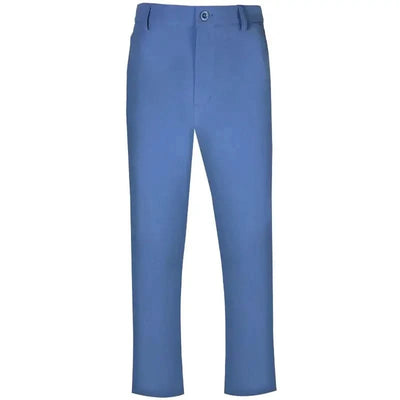 A pair of men's golf pants in blue dusk color with a visible embroidered skull and crossing clubs design on the back pockets.