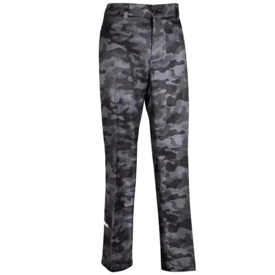 Camo print black golf pants with embroidered skulls and crossing golf clubs design on the lower left side.