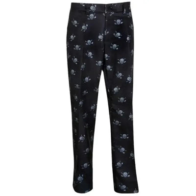 Tattoo Golf Dancing Skulls ProCool men's golf pants in black and charcoal, full-length front view of the skull pattern.