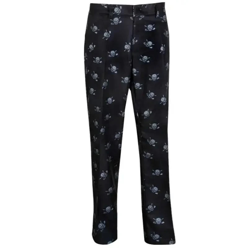 Tattoo Golf Dancing Skulls ProCool men's golf pants in black and charcoal, full-length front view of the skull pattern.