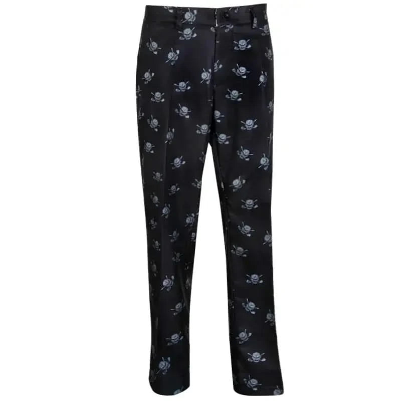 Tattoo Golf Dancing Skulls ProCool men's golf pants in black and charcoal, front view showing the repeated skull motifs.