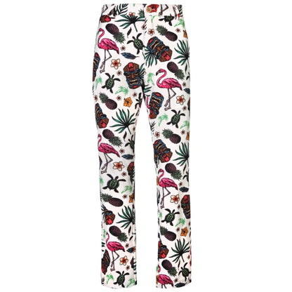 Men's golf pants with a Hawaiian Tiki theme, featuring an embroidered skull and various tropical designs 