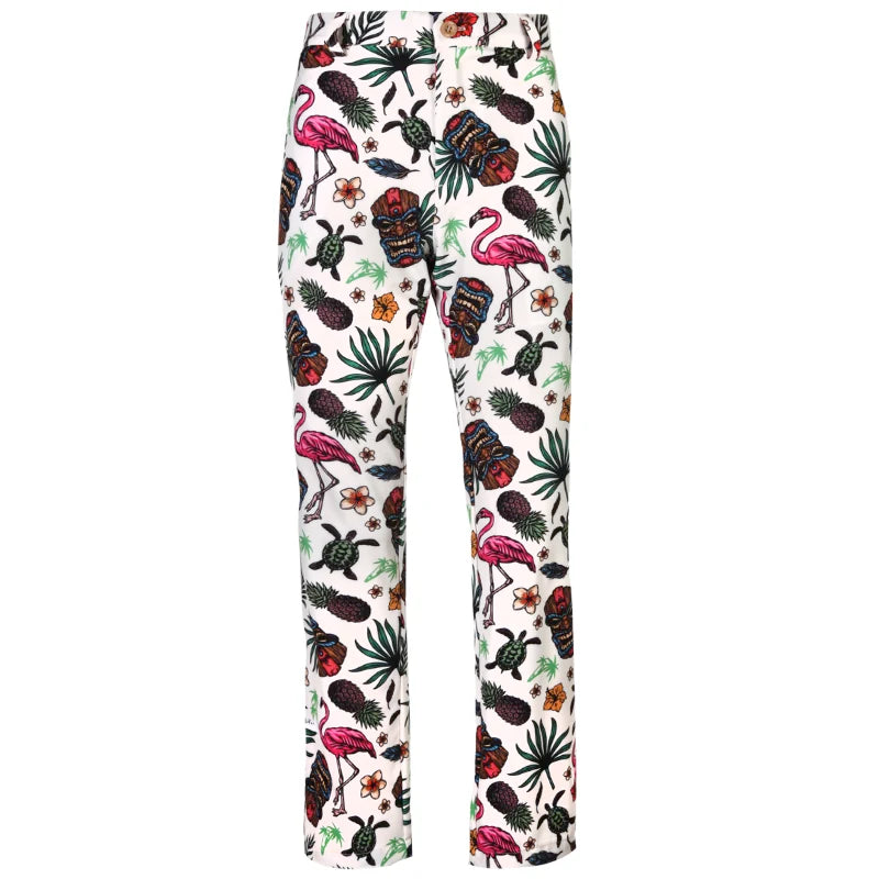 Men's golf pants with a Hawaiian Tiki theme, featuring an embroidered skull and various tropical designs 