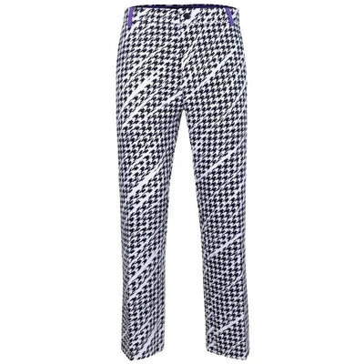 Tattoo Golf Houndstooth ProCool golf pants in black, white and purple, full-length front view.