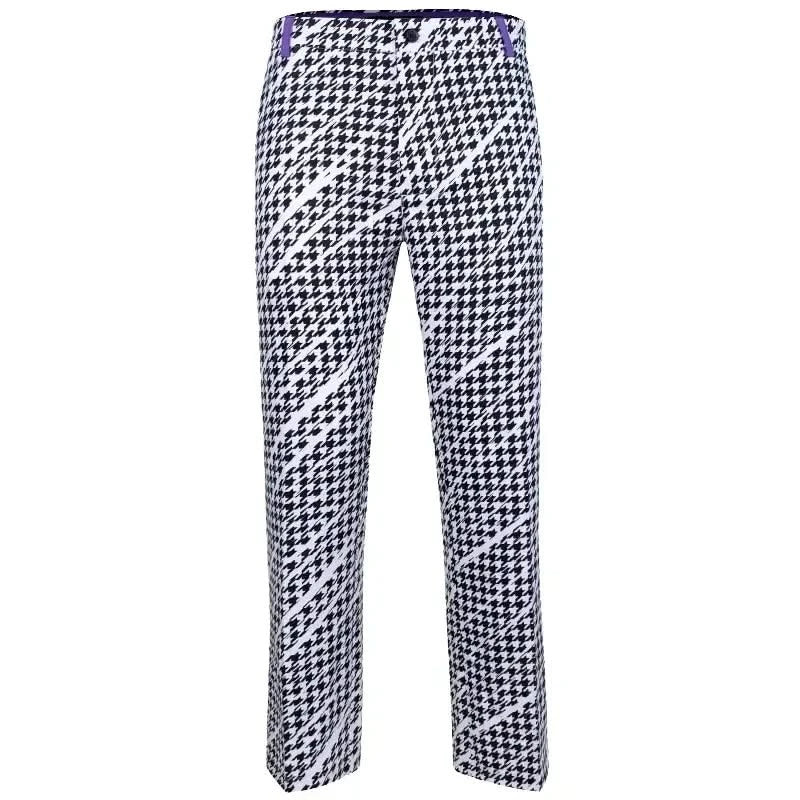 Tattoo Golf Houndstooth ProCool golf pants in black, white and purple, full-length front view.