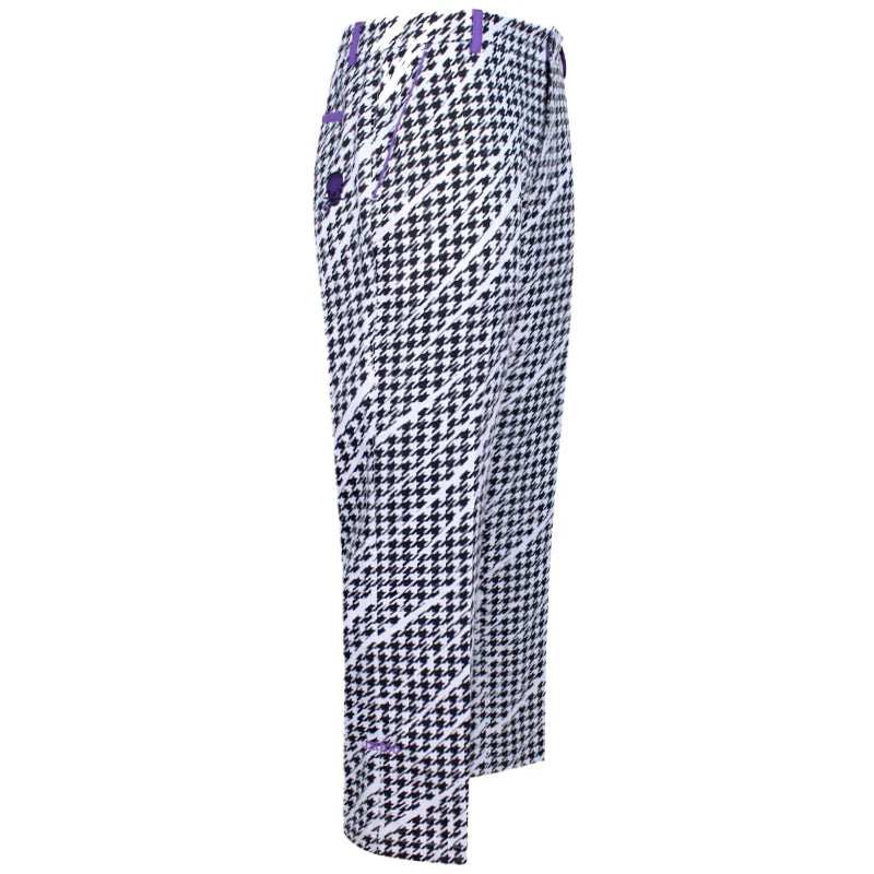 Houndstooth patterned pants with purple accents 