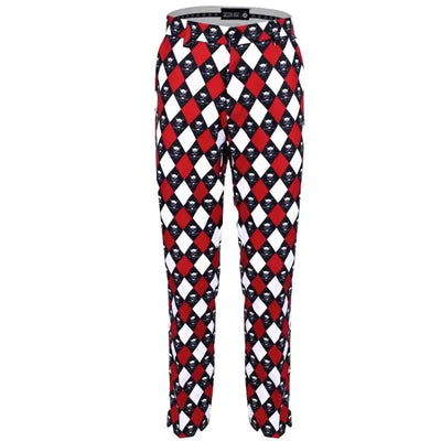 Men's argyle golf pants with a red, black, and white checkered pattern and an embroidered skull crest on the waistband.