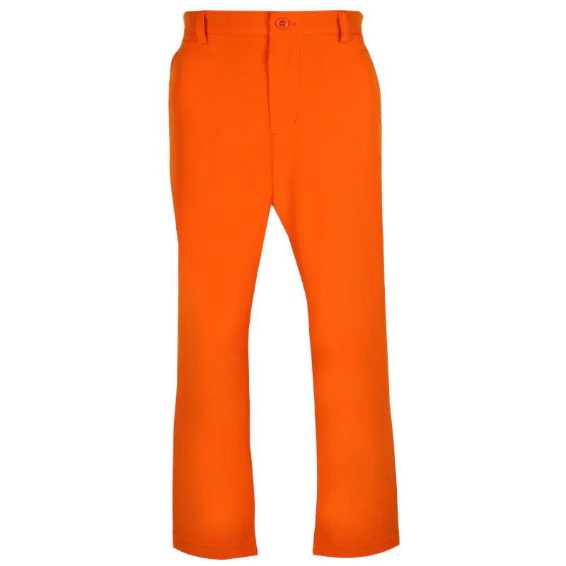 A pair of men's orange golf pants with embroidered design on the left thigh.