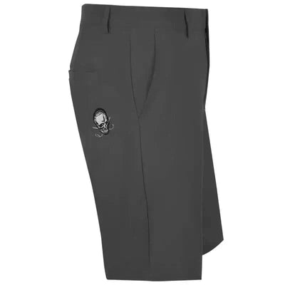Tattoo Golf OB Cool-Stretch golf shorts in charcoal, side view showing the skull logo.