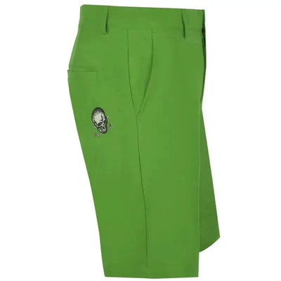 Tattoo Golf OB ProCool golf shorts in green, side view showing the skull logo.