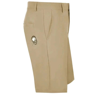 Tattoo Golf OB Cool-Stretch golf shorts in khaki, side view showing the skull logo.