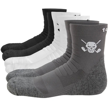 Three pairs of athletic socks with a skull and crossed clubs design on the instep, available in black, white, and gray colors.