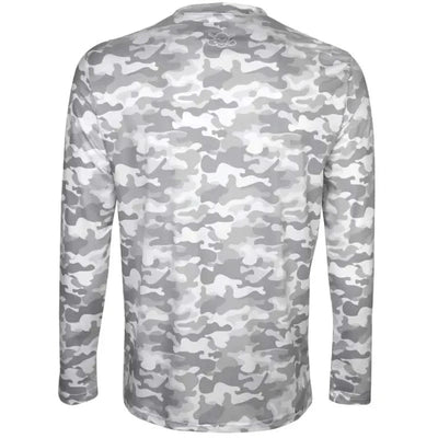 Tattoo Golf long-sleeve golf undershirt in white camo, shown from the back with its white and grey camouflage pattern.