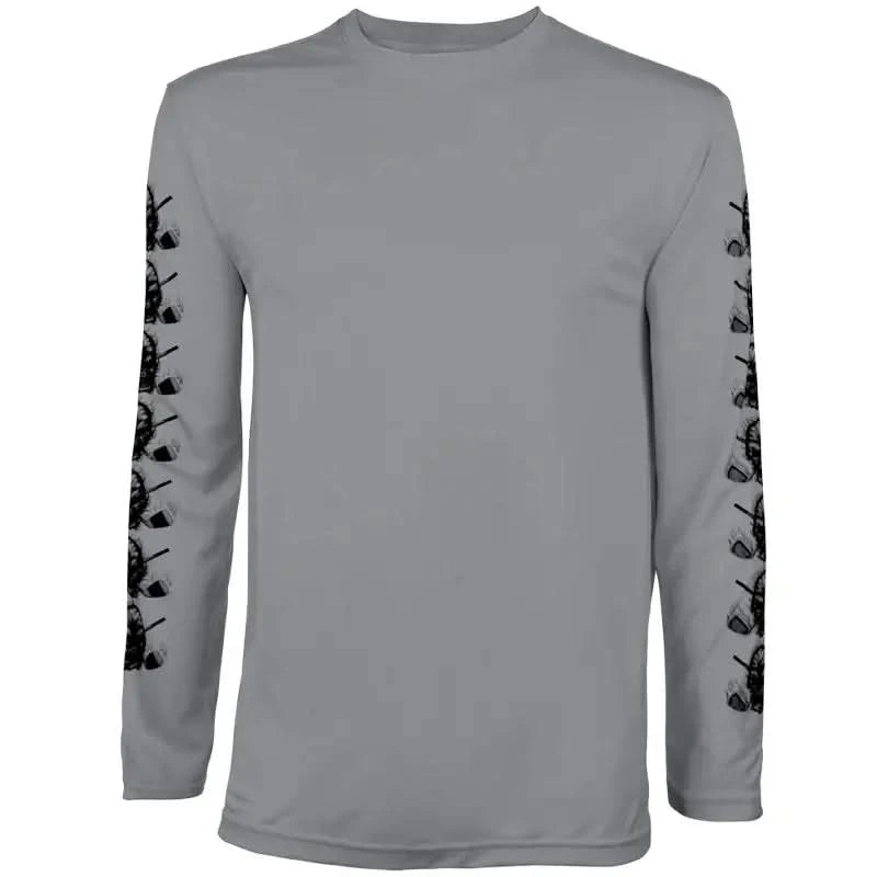 A dark grey long sleeve golf undershirt with silk-screened Tattoo Golf skull design on the sleeves.